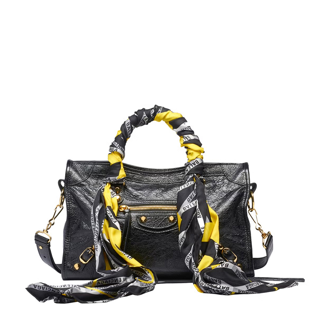 BALENCIAGA BALENCIAGA Black Classic Gold City S Scarf Bag 巴黎世家 絲巾機車包 黑色 | 黃黑印花絲巾款 - 1