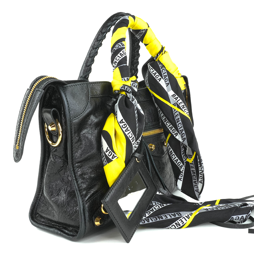 BALENCIAGA BALENCIAGA Black Classic Gold City S Scarf Bag 巴黎世家 絲巾機車包 黑色 | 黃黑印花絲巾款 - 7