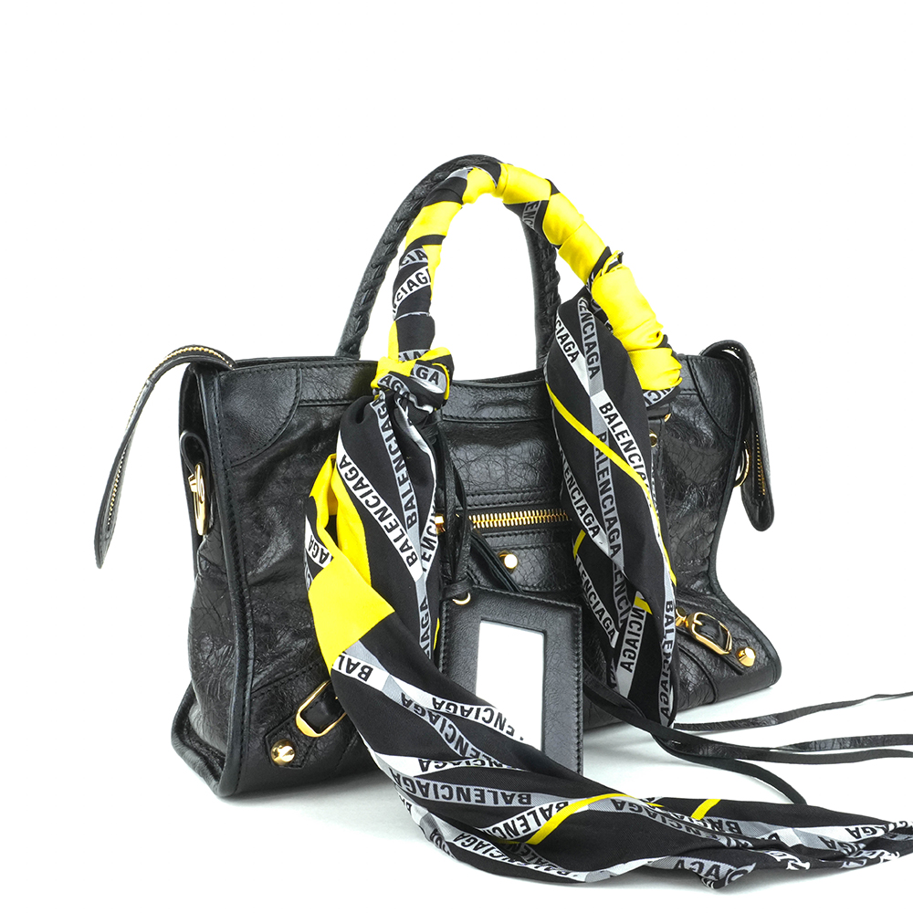 BALENCIAGA BALENCIAGA Black Classic Gold City S Scarf Bag 巴黎世家 絲巾機車包 黑色 | 黃黑印花絲巾款 - 16