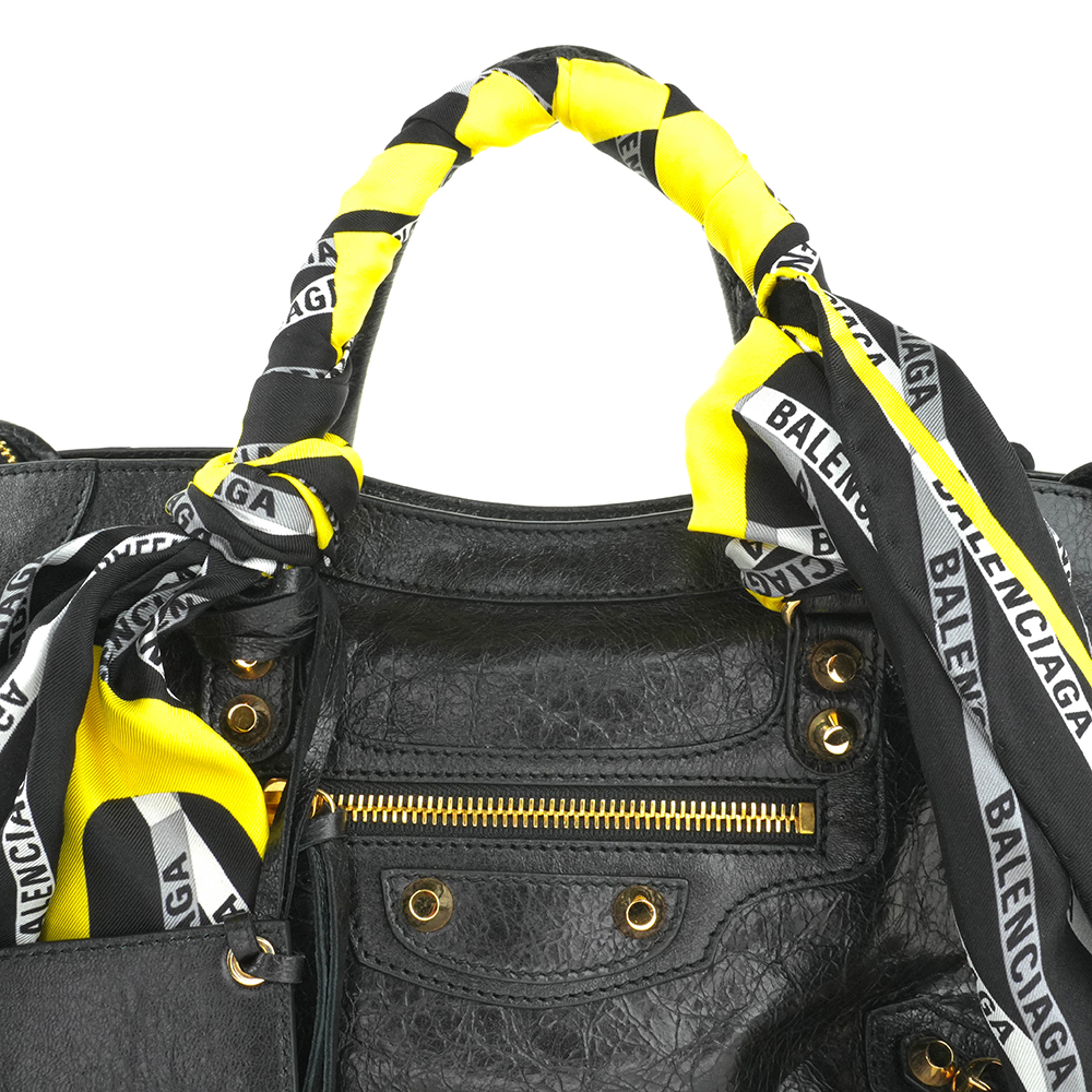 BALENCIAGA BALENCIAGA Black Classic Gold City S Scarf Bag 巴黎世家 絲巾機車包 黑色 | 黃黑印花絲巾款 - 9