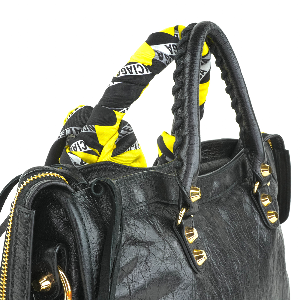 BALENCIAGA BALENCIAGA Black Classic Gold City S Scarf Bag 巴黎世家 絲巾機車包 黑色 | 黃黑印花絲巾款 - 8
