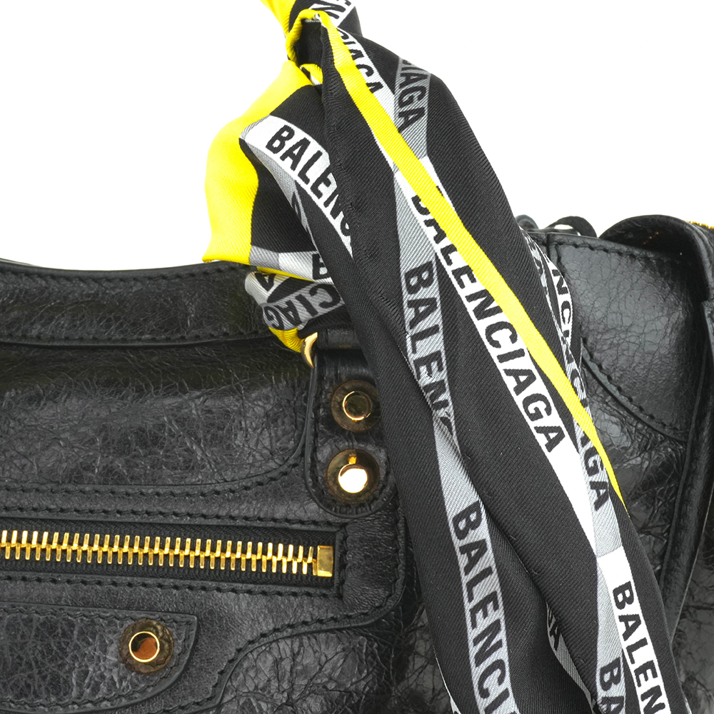 BALENCIAGA BALENCIAGA Black Classic Gold City S Scarf Bag 巴黎世家 絲巾機車包 黑色 | 黃黑印花絲巾款 - 10
