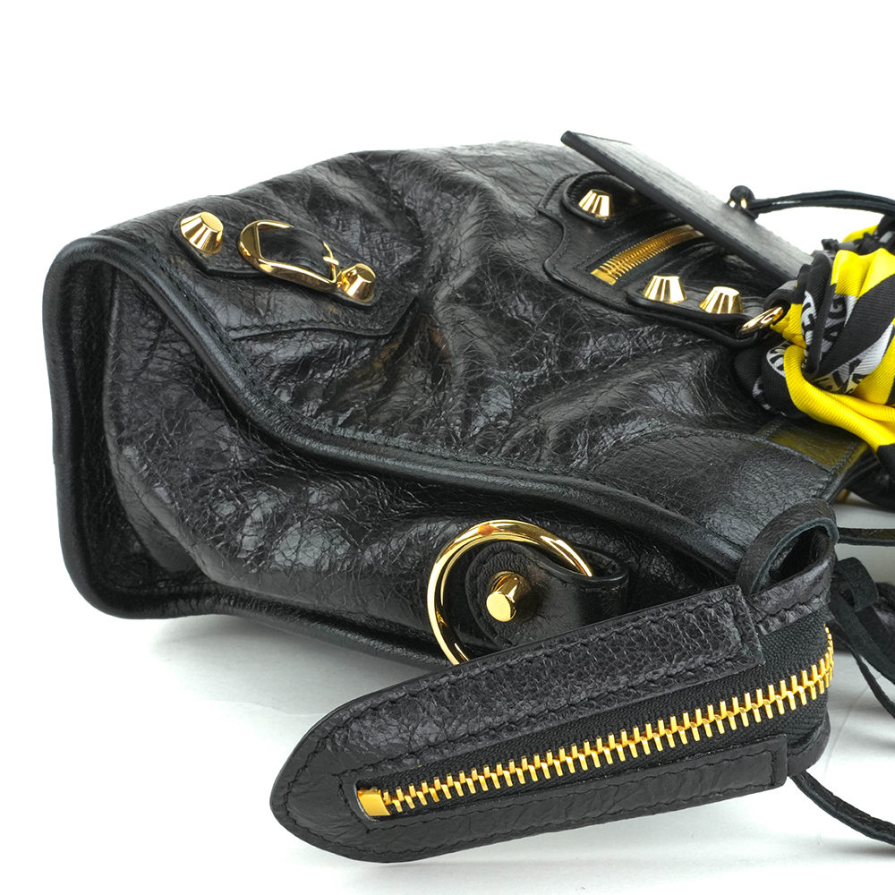 BALENCIAGA BALENCIAGA Black Classic Gold City S Scarf Bag 巴黎世家 絲巾機車包 黑色 | 黃黑印花絲巾款 - 15