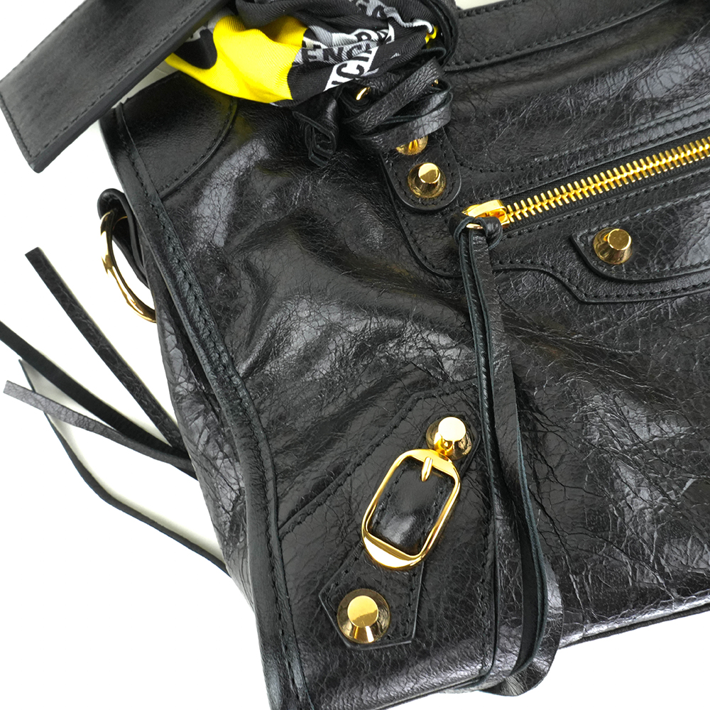 BALENCIAGA BALENCIAGA Black Classic Gold City S Scarf Bag 巴黎世家 絲巾機車包 黑色 | 黃黑印花絲巾款 - 19