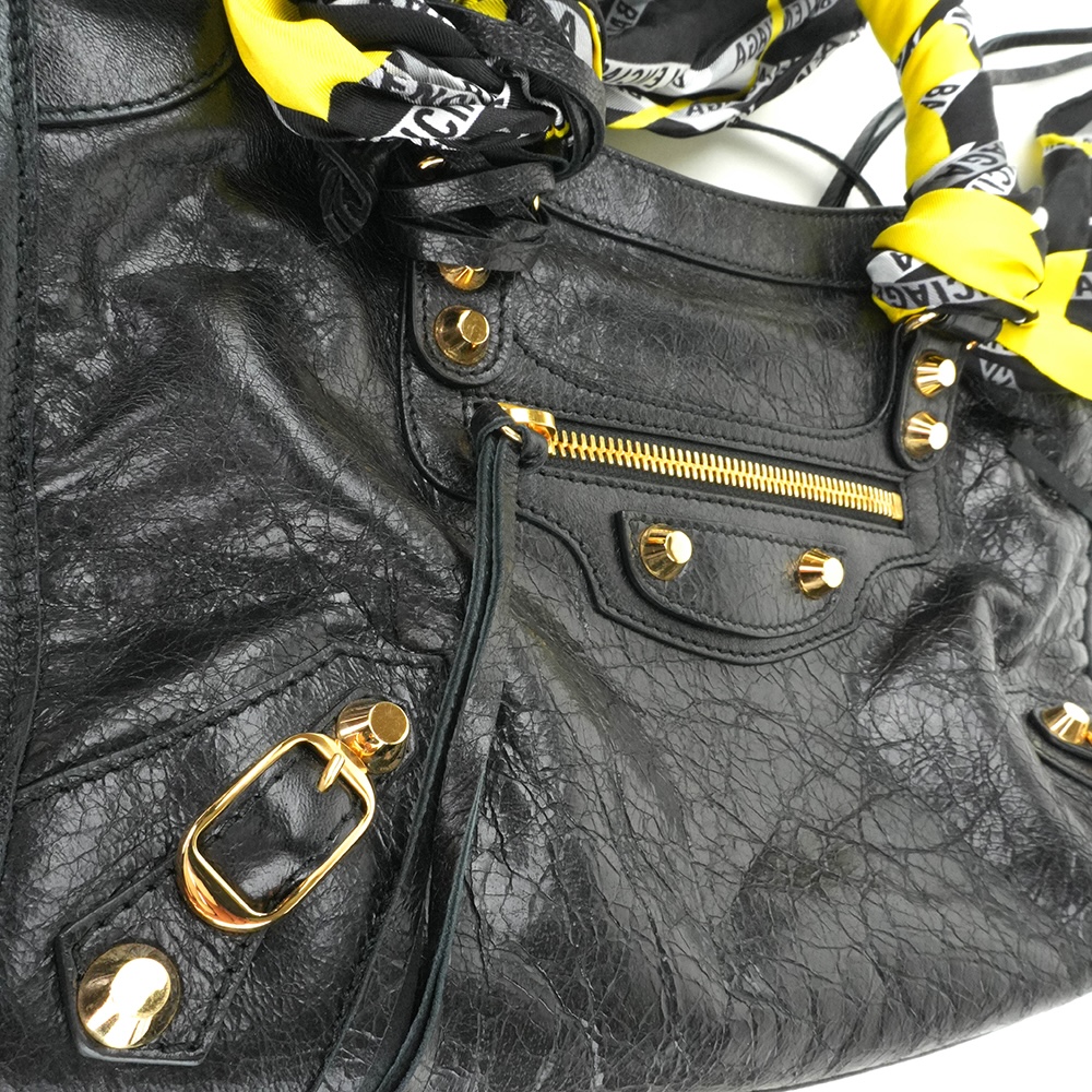 BALENCIAGA BALENCIAGA Black Classic Gold City S Scarf Bag 巴黎世家 絲巾機車包 黑色 | 黃黑印花絲巾款 - 21
