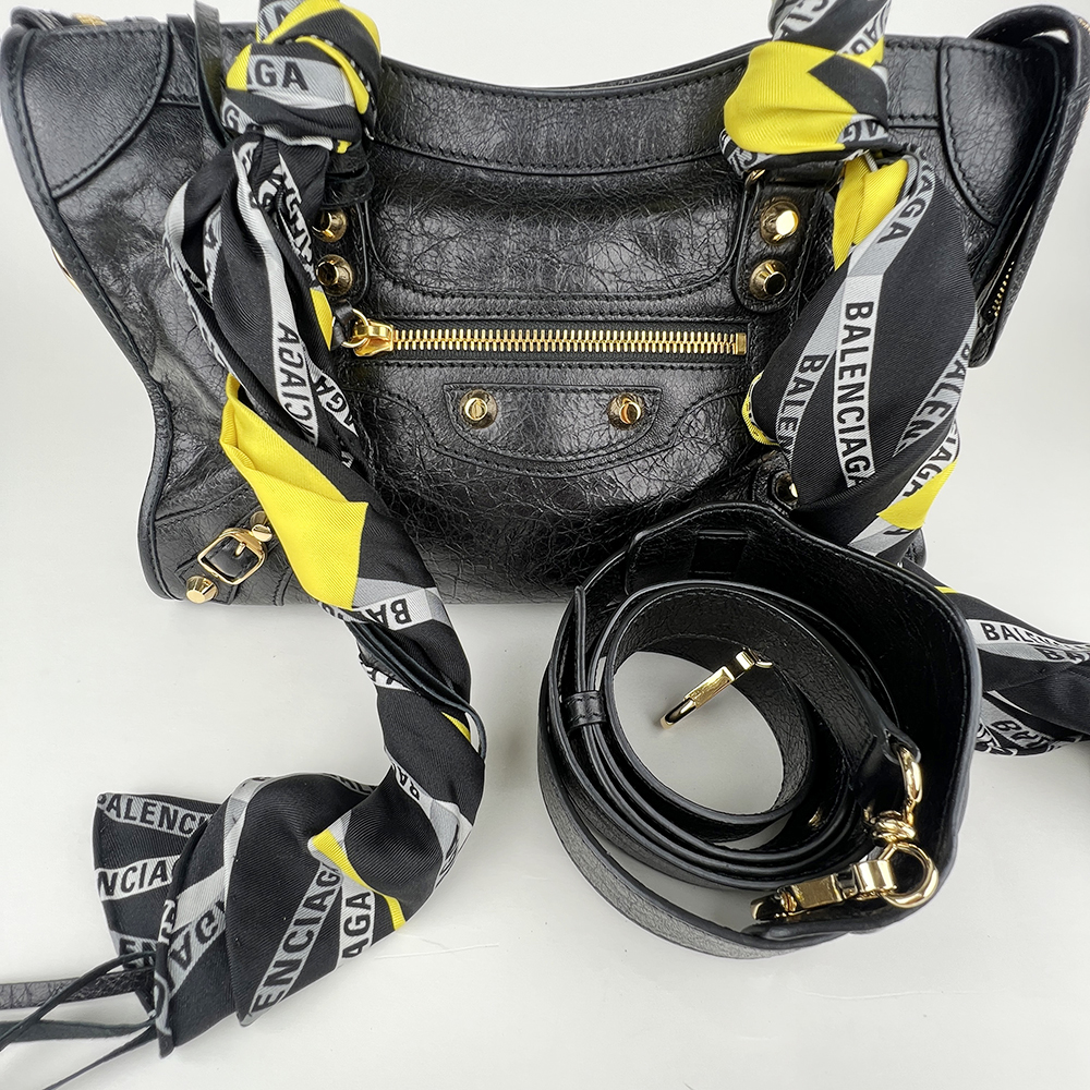BALENCIAGA BALENCIAGA Black Classic Gold City S Scarf Bag 巴黎世家 絲巾機車包 黑色 | 黃黑印花絲巾款 - 26