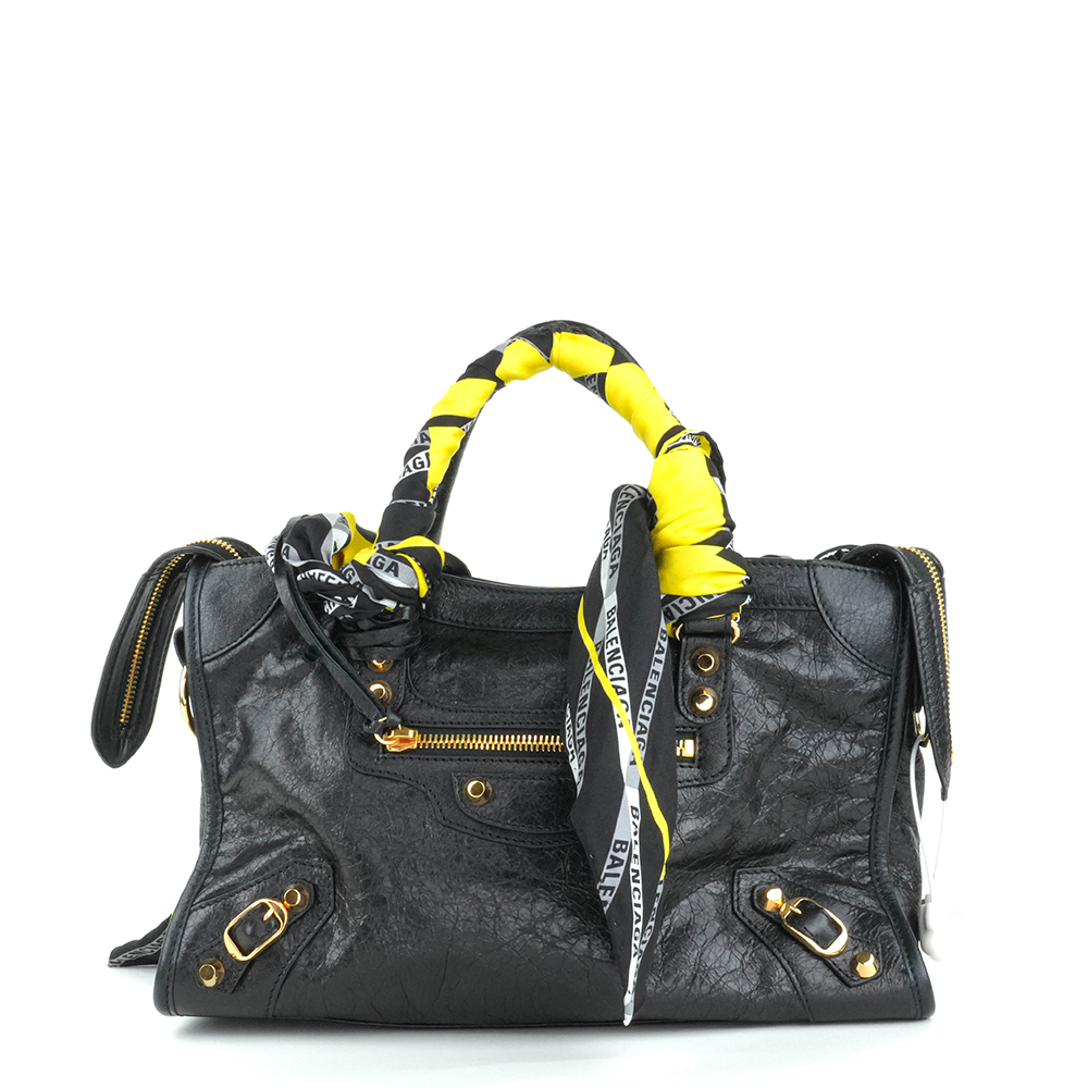 BALENCIAGA BALENCIAGA Black Classic Gold City S Scarf Bag 巴黎世家 絲巾機車包 黑色 | 黃黑印花絲巾款 - 3