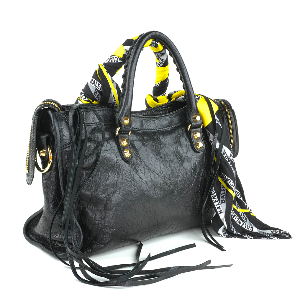 BALENCIAGA BALENCIAGA Black Classic Gold City S Scarf Bag 巴黎世家 絲巾機車包 黑色 | 黃黑印花絲巾款 - 5