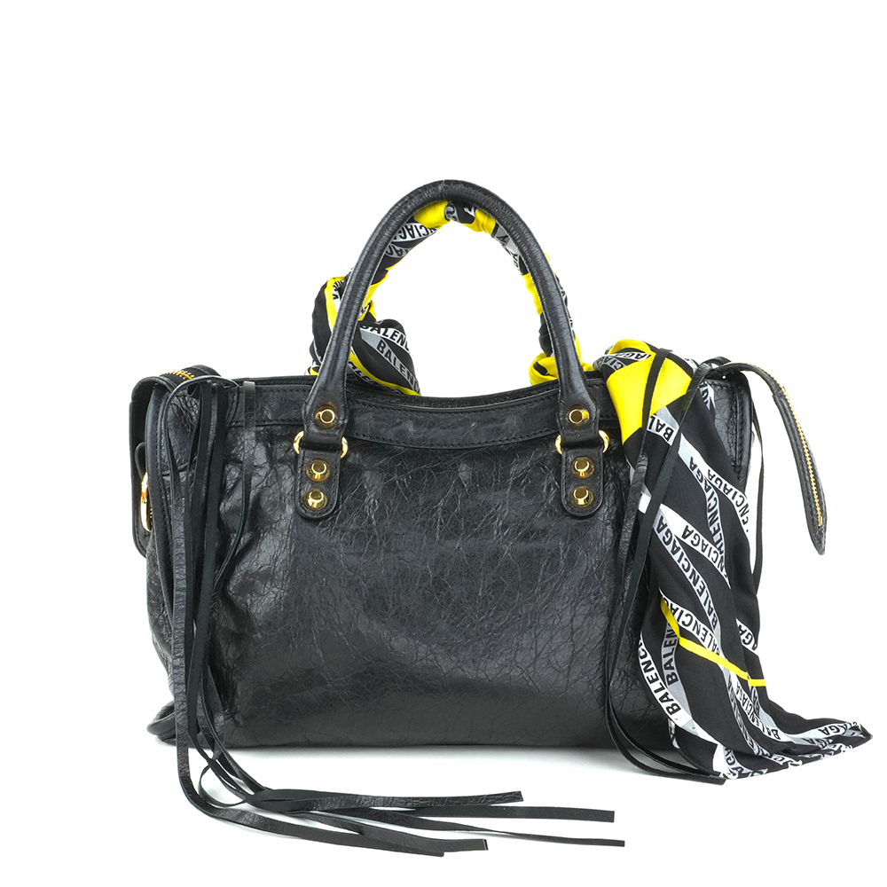 BALENCIAGA BALENCIAGA Black Classic Gold City S Scarf Bag 巴黎世家 絲巾機車包 黑色 | 黃黑印花絲巾款 - 4