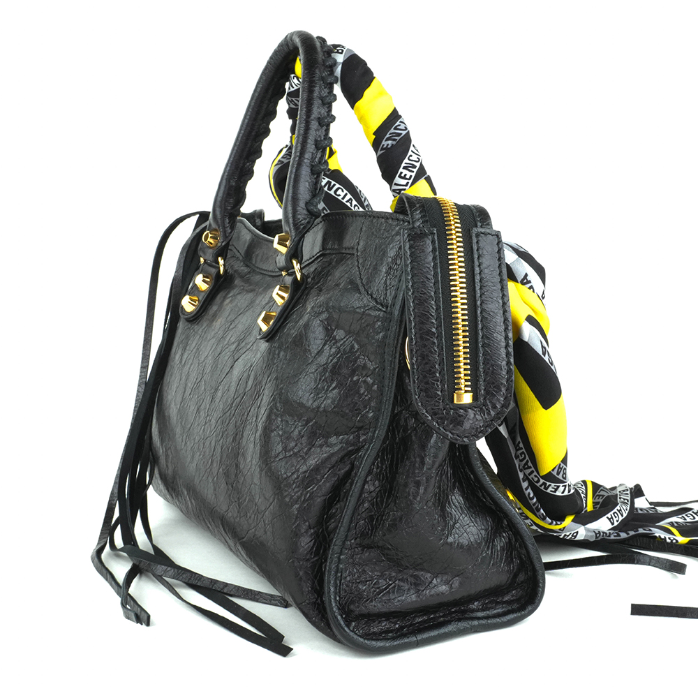 BALENCIAGA BALENCIAGA Black Classic Gold City S Scarf Bag 巴黎世家 絲巾機車包 黑色 | 黃黑印花絲巾款 - 6