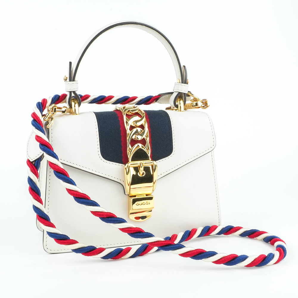 GUCCI GUCCI Sylvie Mini 塞爾維亞絲帶包 白色金扣 手提 斜背兩用包|Sylvie Mini Leather Bag - 11