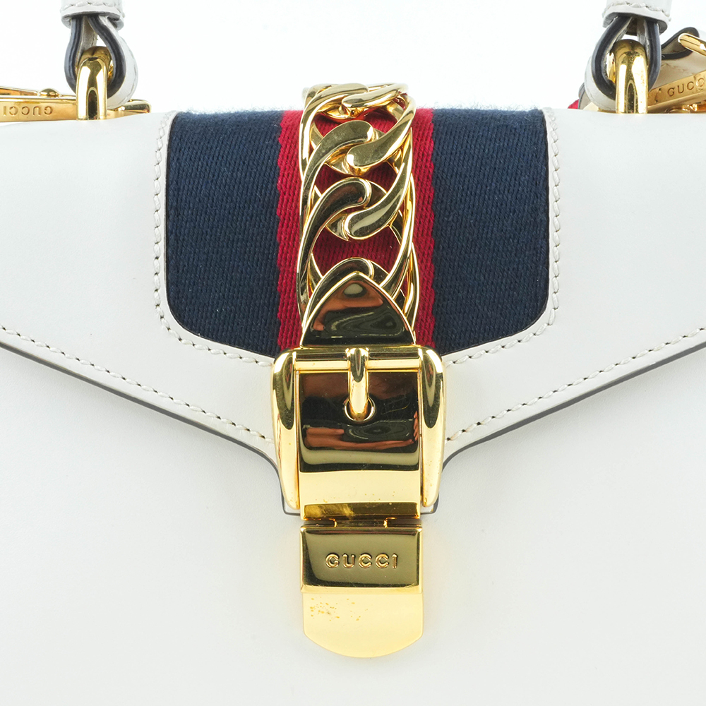 GUCCI GUCCI Sylvie Mini 塞爾維亞絲帶包 白色金扣 手提 斜背兩用包|Sylvie Mini Leather Bag - 10