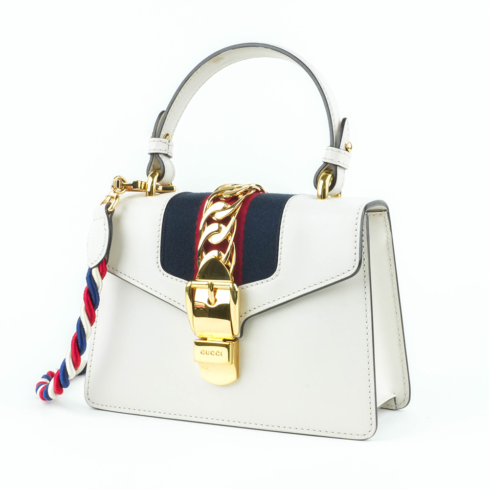 GUCCI GUCCI Sylvie Mini 塞爾維亞絲帶包 白色金扣 手提 斜背兩用包|Sylvie Mini Leather Bag - 3