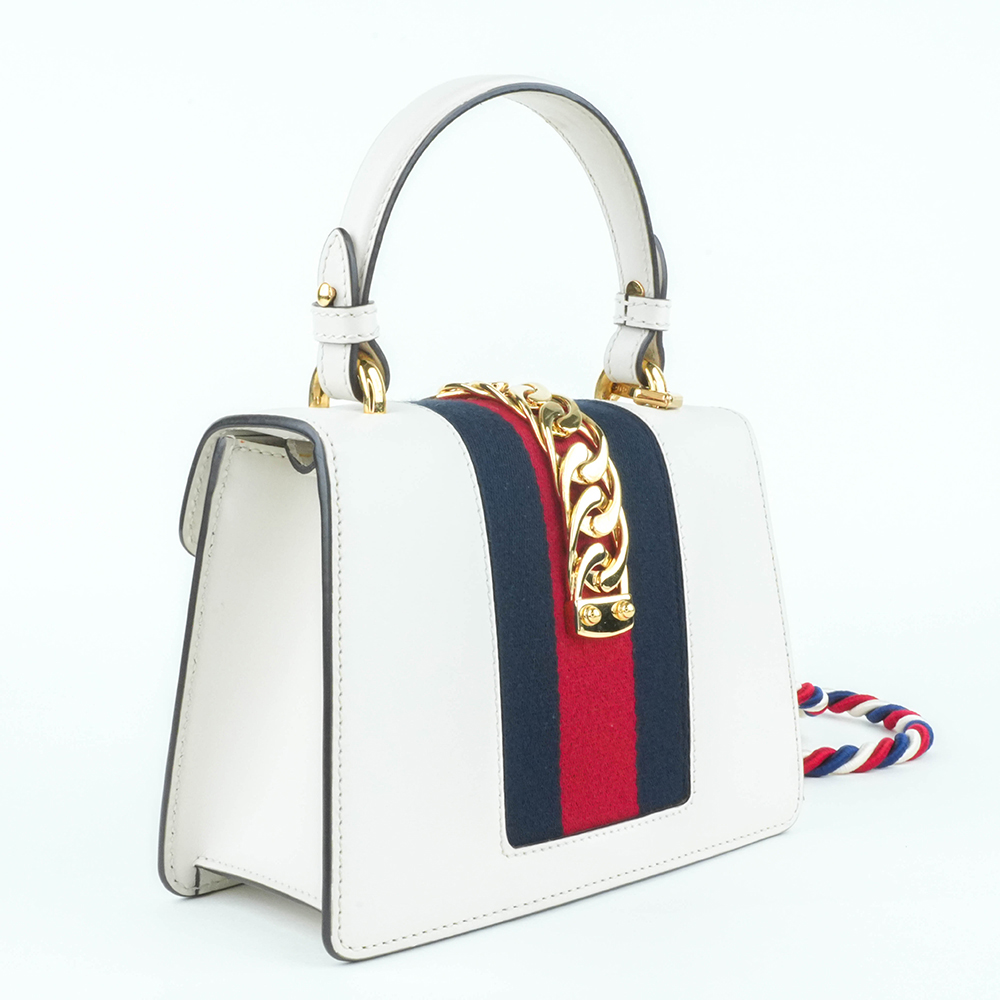 GUCCI GUCCI Sylvie Mini 塞爾維亞絲帶包 白色金扣 手提 斜背兩用包|Sylvie Mini Leather Bag - 6