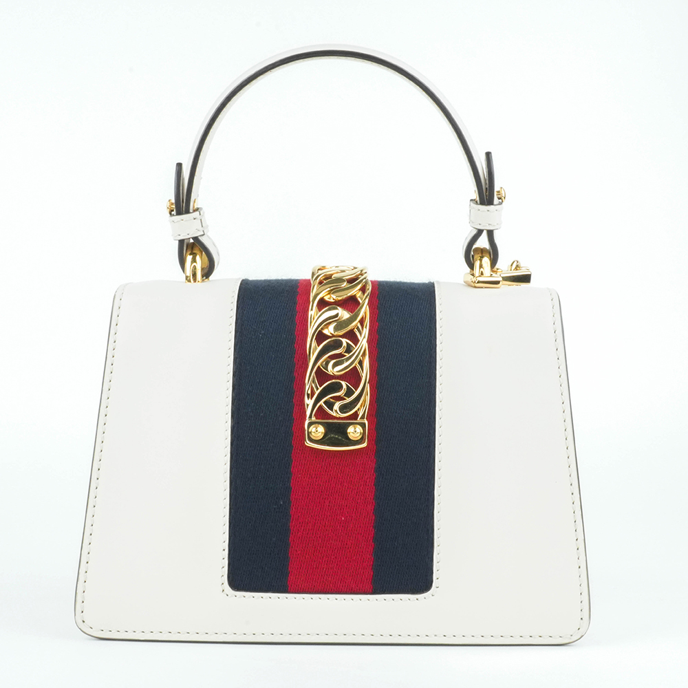 GUCCI GUCCI Sylvie Mini 塞爾維亞絲帶包 白色金扣 手提 斜背兩用包|Sylvie Mini Leather Bag - 5