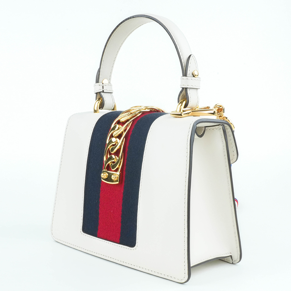 GUCCI GUCCI Sylvie Mini 塞爾維亞絲帶包 白色金扣 手提 斜背兩用包|Sylvie Mini Leather Bag - 7