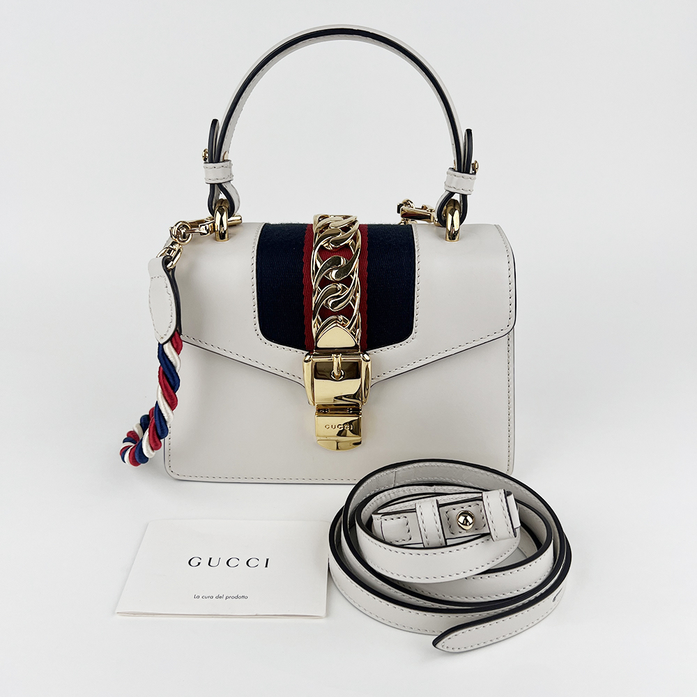 GUCCI GUCCI Sylvie Mini 塞爾維亞絲帶包 白色金扣 手提 斜背兩用包|Sylvie Mini Leather Bag - 27